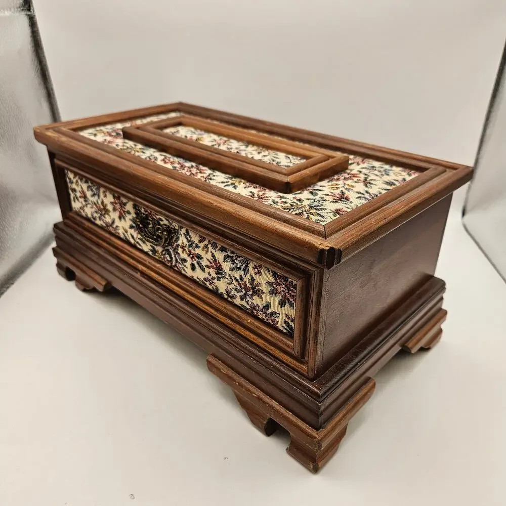 PAT YOSHIKAWA JAPAN WOODEN FLORAL JEWELRY BOX MIRROR RING ORGANIZER